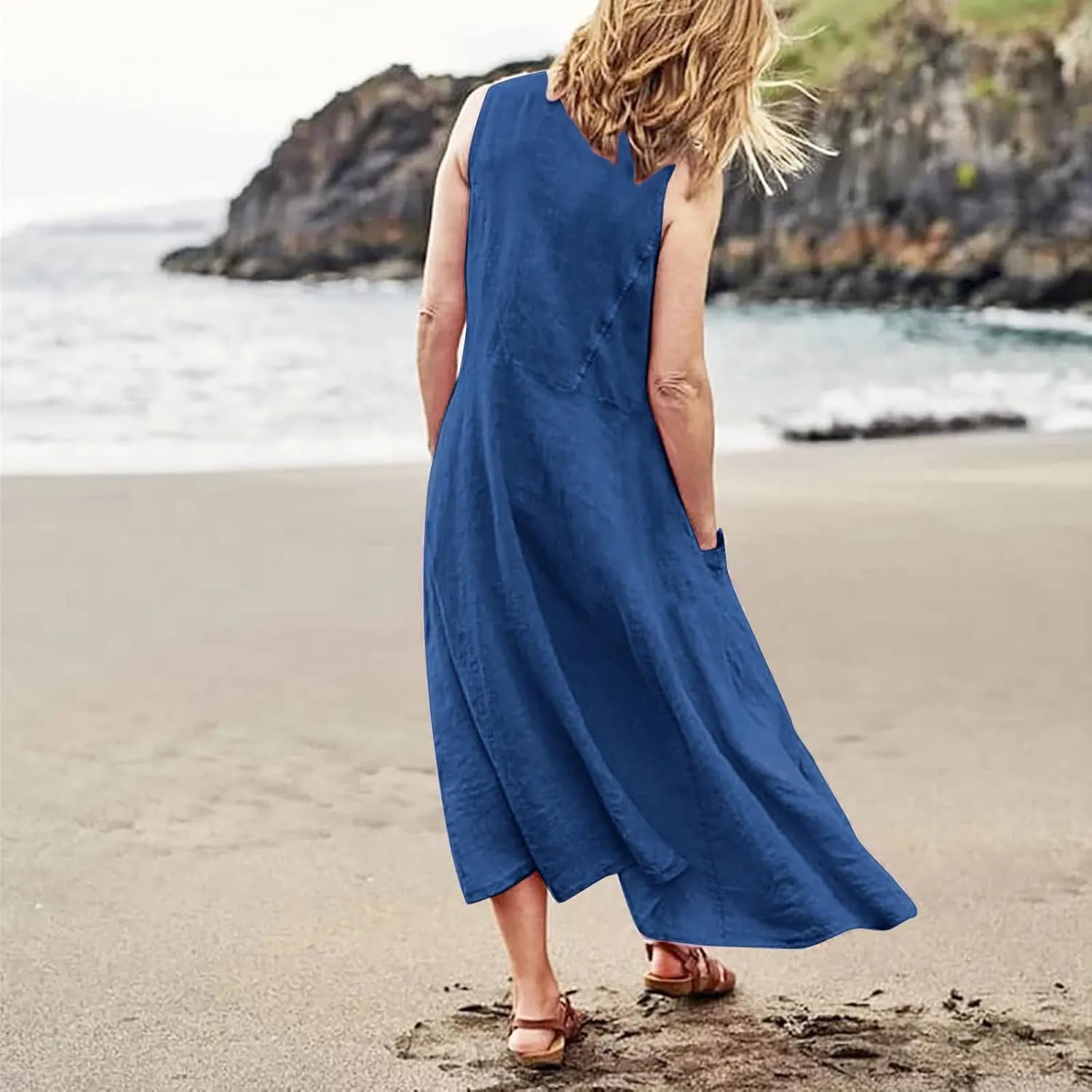 Women's Linen Dress Sleeveless Cotton Linen Maxi Dresses Plus Size Flowy Tank Sundress Beach Vacation Outfits
