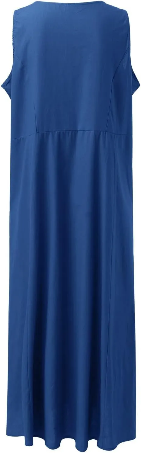 Women's Linen Dress Sleeveless Cotton Linen Maxi Dresses Plus Size Flowy Tank Sundress Beach Vacation Outfits