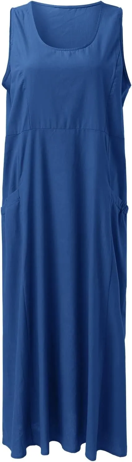 Women's Linen Dress Sleeveless Cotton Linen Maxi Dresses Plus Size Flowy Tank Sundress Beach Vacation Outfits
