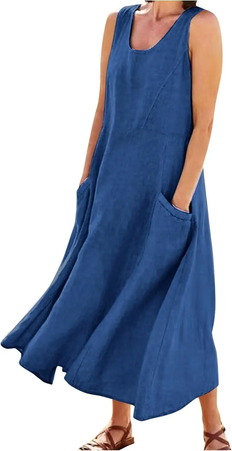 Women's Linen Dress Sleeveless Cotton Linen Maxi Dresses Plus Size Flowy Tank Sundress Beach Vacation Outfits