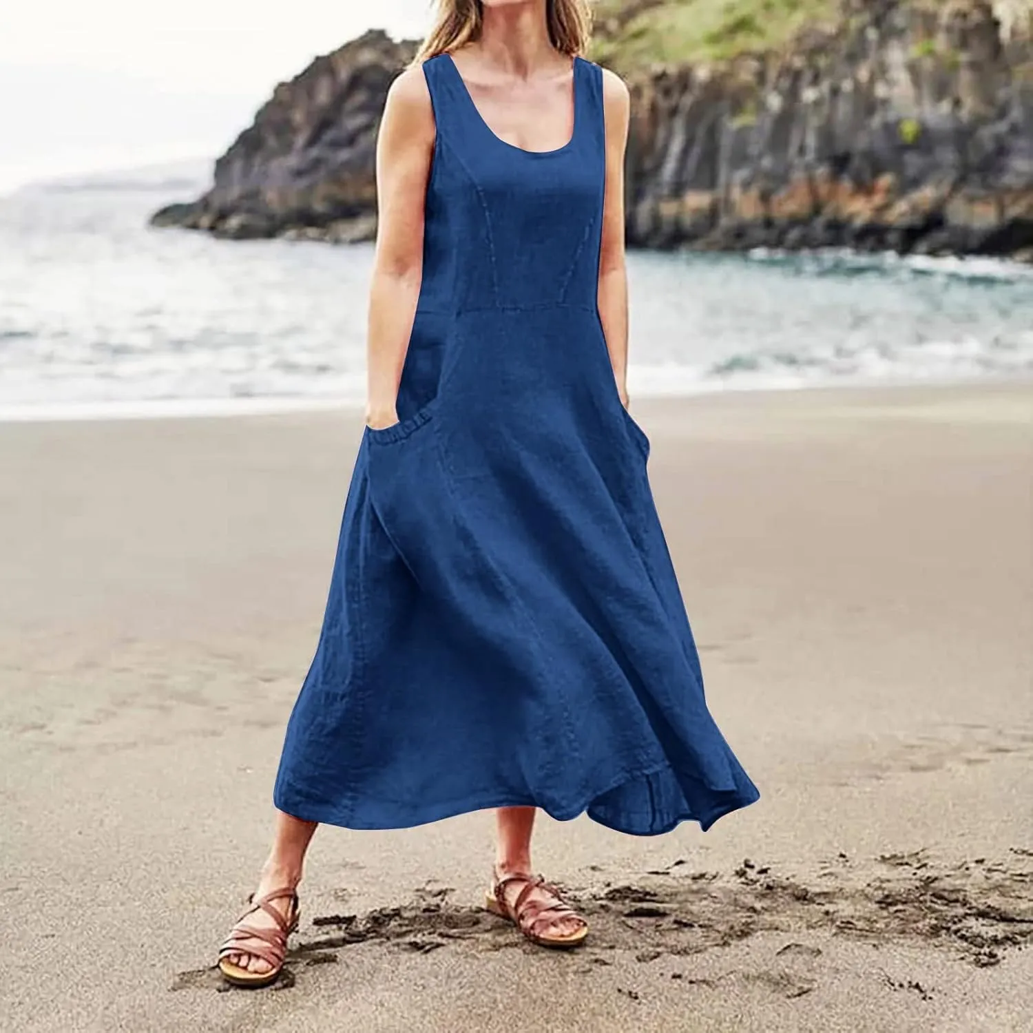 Women's Linen Dress Sleeveless Cotton Linen Maxi Dresses Plus Size Flowy Tank Sundress Beach Vacation Outfits