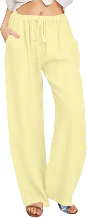 Women's Linen Palazzo Pants 2025 Summer Casual Drawstring High Waist Wide Leg Pants Flowy Beach Trousers Outfits