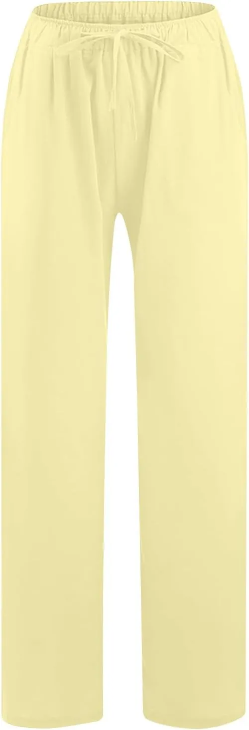 Women's Linen Palazzo Pants 2025 Summer Casual Drawstring High Waist Wide Leg Pants Flowy Beach Trousers Outfits