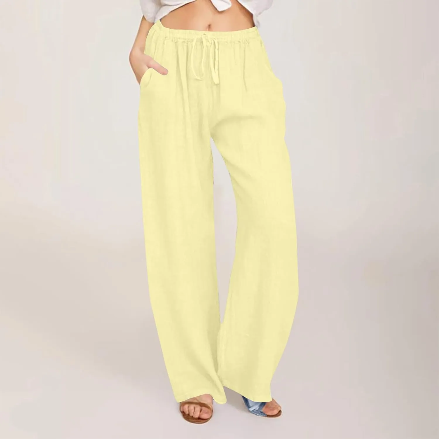 Women's Linen Palazzo Pants 2025 Summer Casual Drawstring High Waist Wide Leg Pants Flowy Beach Trousers Outfits