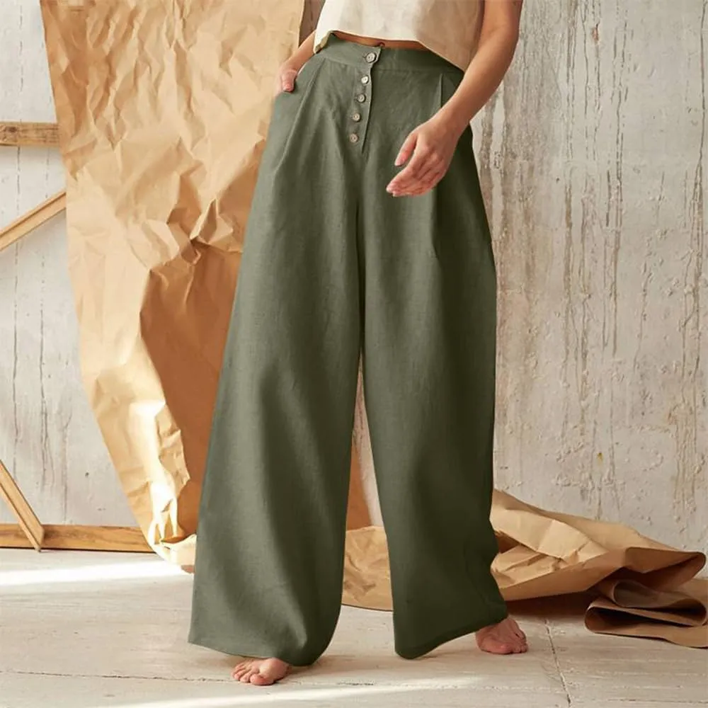 Women's Linen Pants Summer Casual Wide Leg Trousers Elastic High Waist Pants Loose Palazzo Pants S-5XL