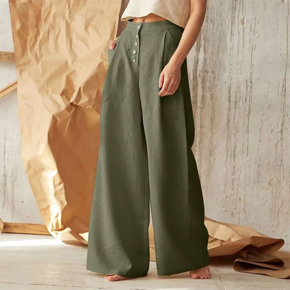 Women's Linen Pants Summer Casual Wide Leg Trousers Elastic High Waist Pants Loose Palazzo Pants S-5XL