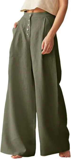 Women's Linen Pants Summer Casual Wide Leg Trousers Elastic High Waist Pants Loose Palazzo Pants S-5XL