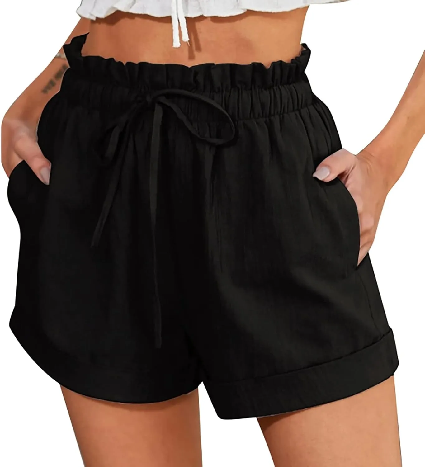 Women's Linen Shorts High Waisted Pleated Casual Bermuda Pants Lightweight Loose Wide Leg Workout Short with Pockets