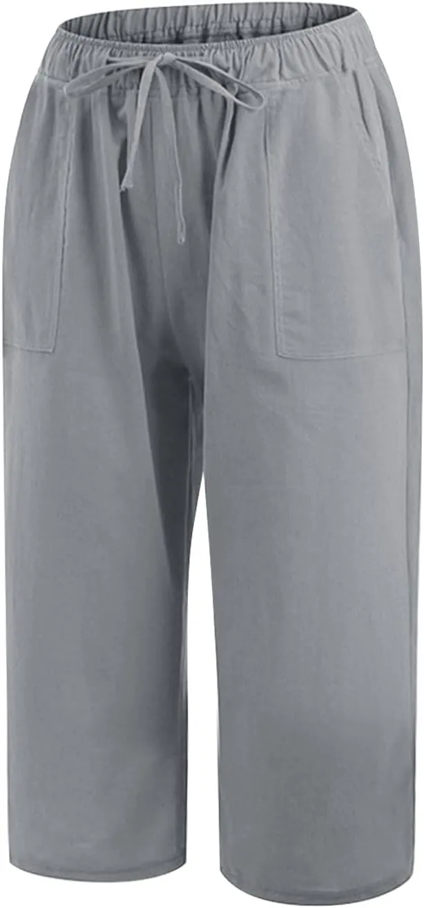 Womens Linen Summer Baggy Pant Trousers Elastic Waisted Ankle Length Loose Fit Pant Trousers Trendy