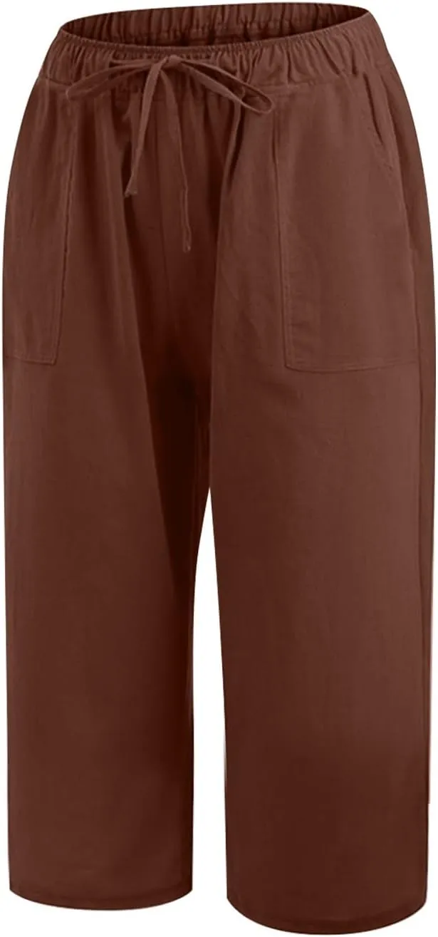 Womens Linen Summer Baggy Pant Trousers Elastic Waisted Ankle Length Loose Fit Pant Trousers Trendy