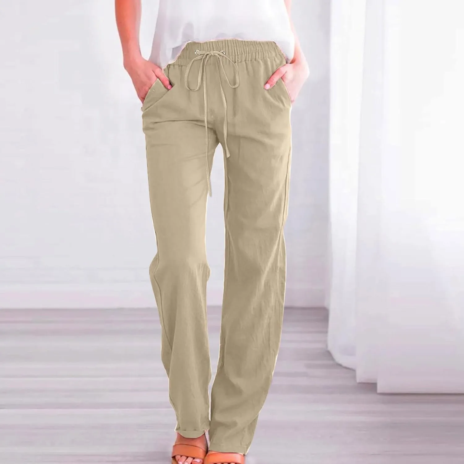 Womens Linen Summer Casual Pant Trousers Elastic Waist Long Lounge Slim Fit Palazzo Pants Trendy