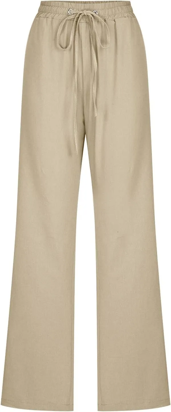 Womens Linen Summer Casual Pant Trousers Elastic Waist Long Lounge Slim Fit Palazzo Pants Trendy
