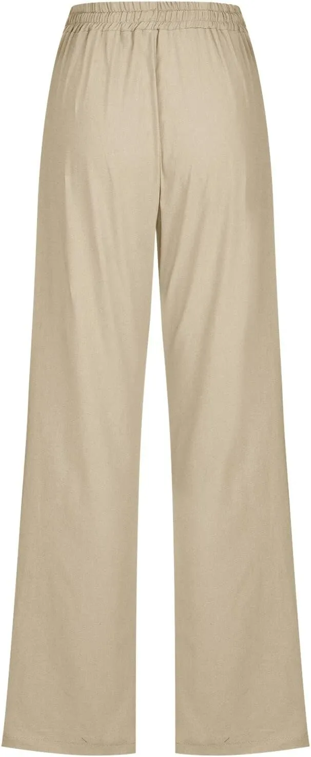 Womens Linen Summer Casual Pant Trousers Elastic Waist Long Lounge Slim Fit Palazzo Pants Trendy