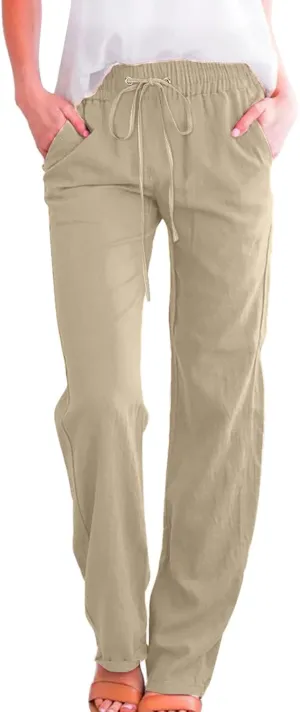 Womens Linen Summer Casual Pant Trousers Elastic Waist Long Lounge Slim Fit Palazzo Pants Trendy