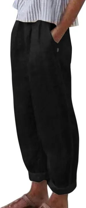 Womens Linen Summer Letter Patched Pants Elastic Waisted Stretchy Straight Plus Size Pant Trousers Vacation