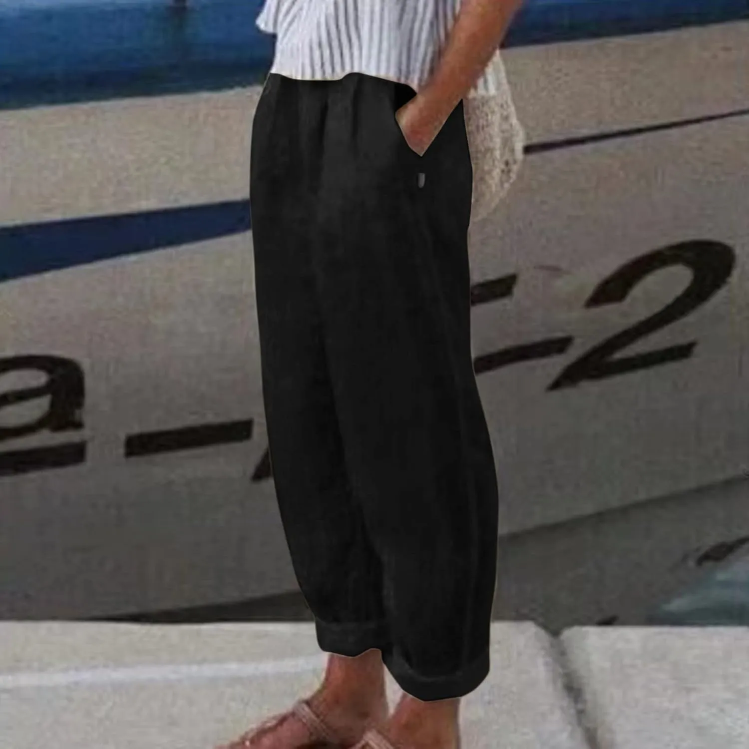 Womens Linen Summer Letter Patched Pants Elastic Waisted Stretchy Straight Plus Size Pant Trousers Vacation