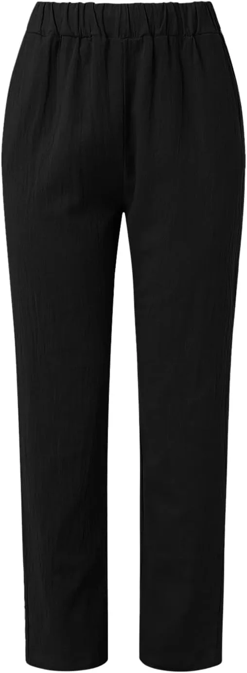 Womens Linen Summer Letter Patched Pants Elastic Waisted Stretchy Straight Plus Size Pant Trousers Vacation
