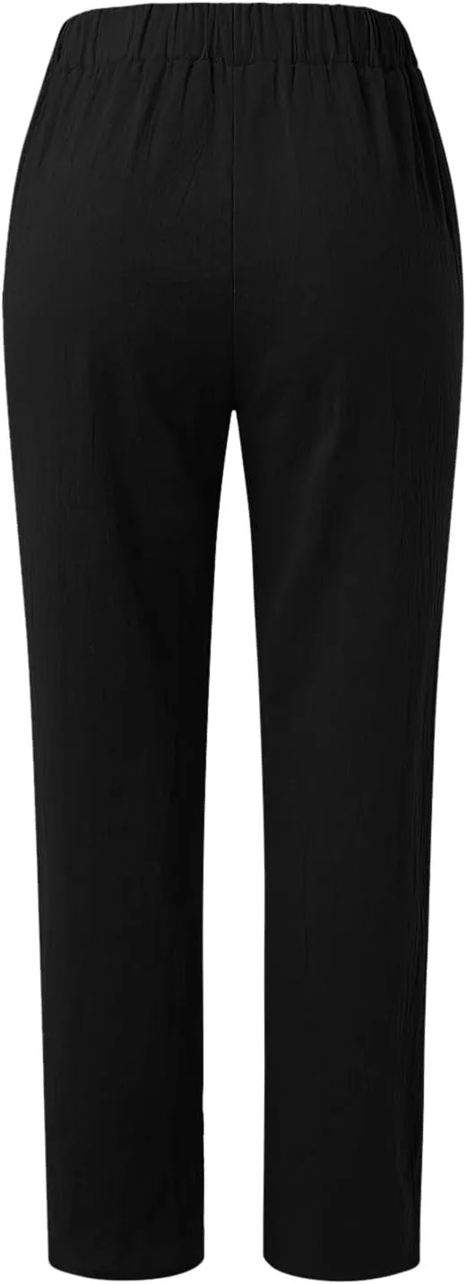Womens Linen Summer Letter Patched Pants Elastic Waisted Stretchy Straight Plus Size Pant Trousers Vacation