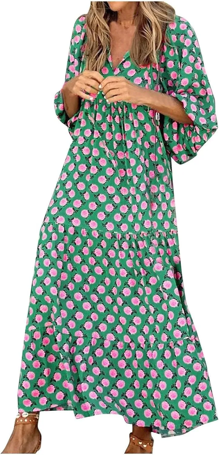 Womens Loose Fit Casual Summer V Neck Dress Boho Maxi Puff Sleeve Dresses Floral Flowy Swing Beach Vacation Dress