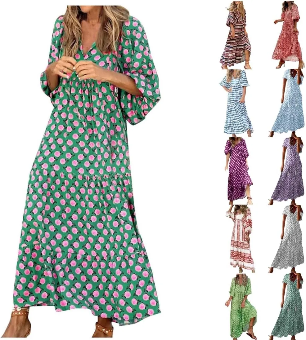 Womens Loose Fit Casual Summer V Neck Dress Boho Maxi Puff Sleeve Dresses Floral Flowy Swing Beach Vacation Dress