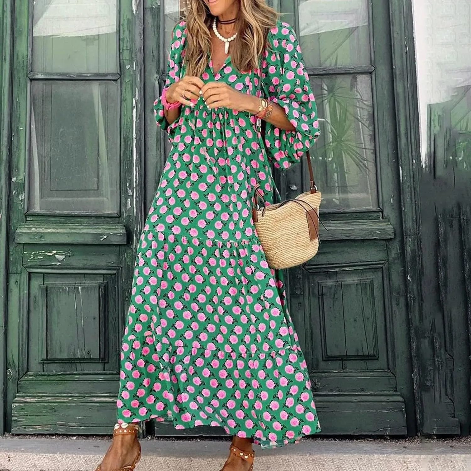 Womens Loose Fit Casual Summer V Neck Dress Boho Maxi Puff Sleeve Dresses Floral Flowy Swing Beach Vacation Dress