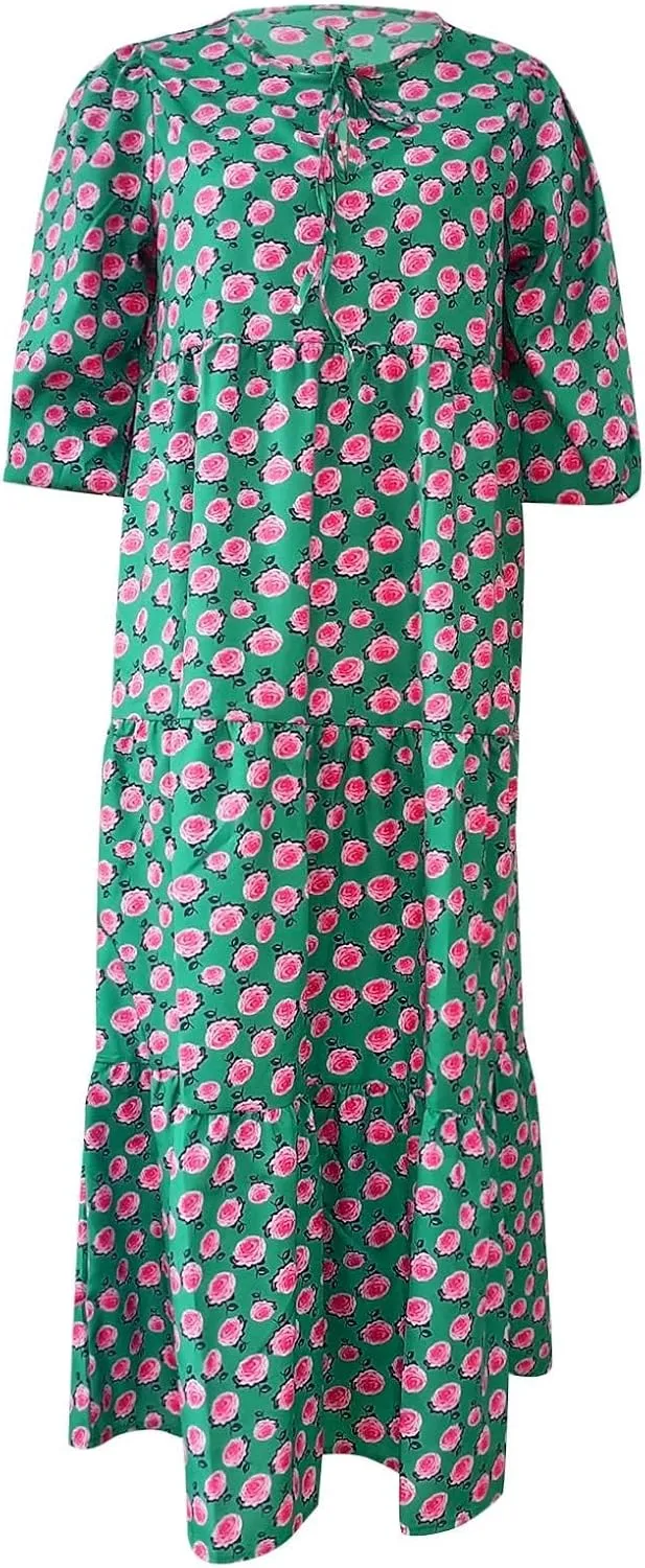Womens Loose Fit Casual Summer V Neck Dress Boho Maxi Puff Sleeve Dresses Floral Flowy Swing Beach Vacation Dress