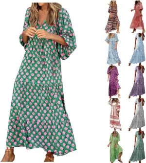Womens Loose Fit Casual Summer V Neck Dress Boho Maxi Puff Sleeve Dresses Floral Flowy Swing Beach Vacation Dress