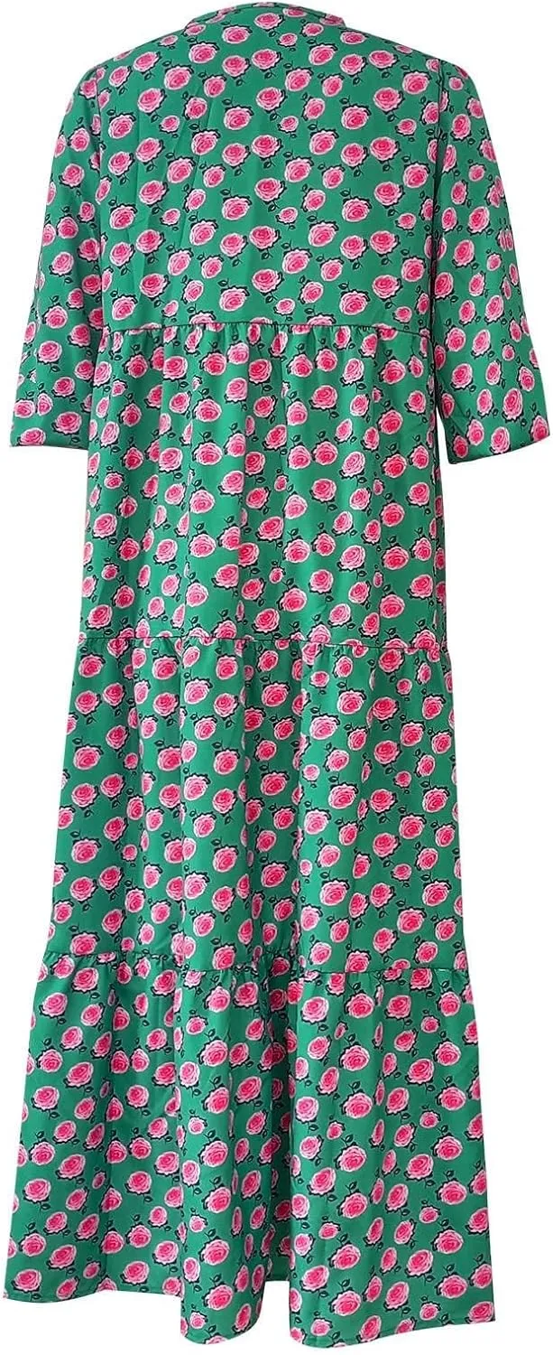Womens Loose Fit Casual Summer V Neck Dress Boho Maxi Puff Sleeve Dresses Floral Flowy Swing Beach Vacation Dress