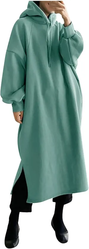 Womens Maxi Long Hoodie Dress Thickening Long Fleece Sweatshirt String Pullover Plus Size Loose Dress with Pocket