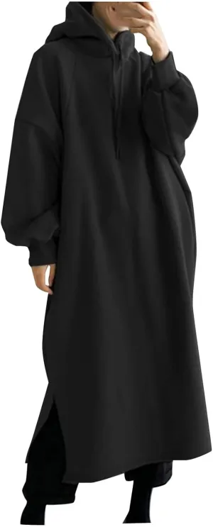 Womens Maxi Long Hoodie Dress Thickening Long Fleece Sweatshirt String Pullover Plus Size Loose Dress with Pocket