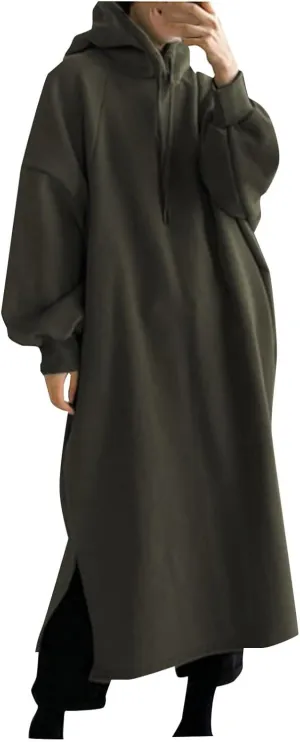 Womens Maxi Long Hoodie Dress Thickening Long Fleece Sweatshirt String Pullover Plus Size Loose Dress with Pocket