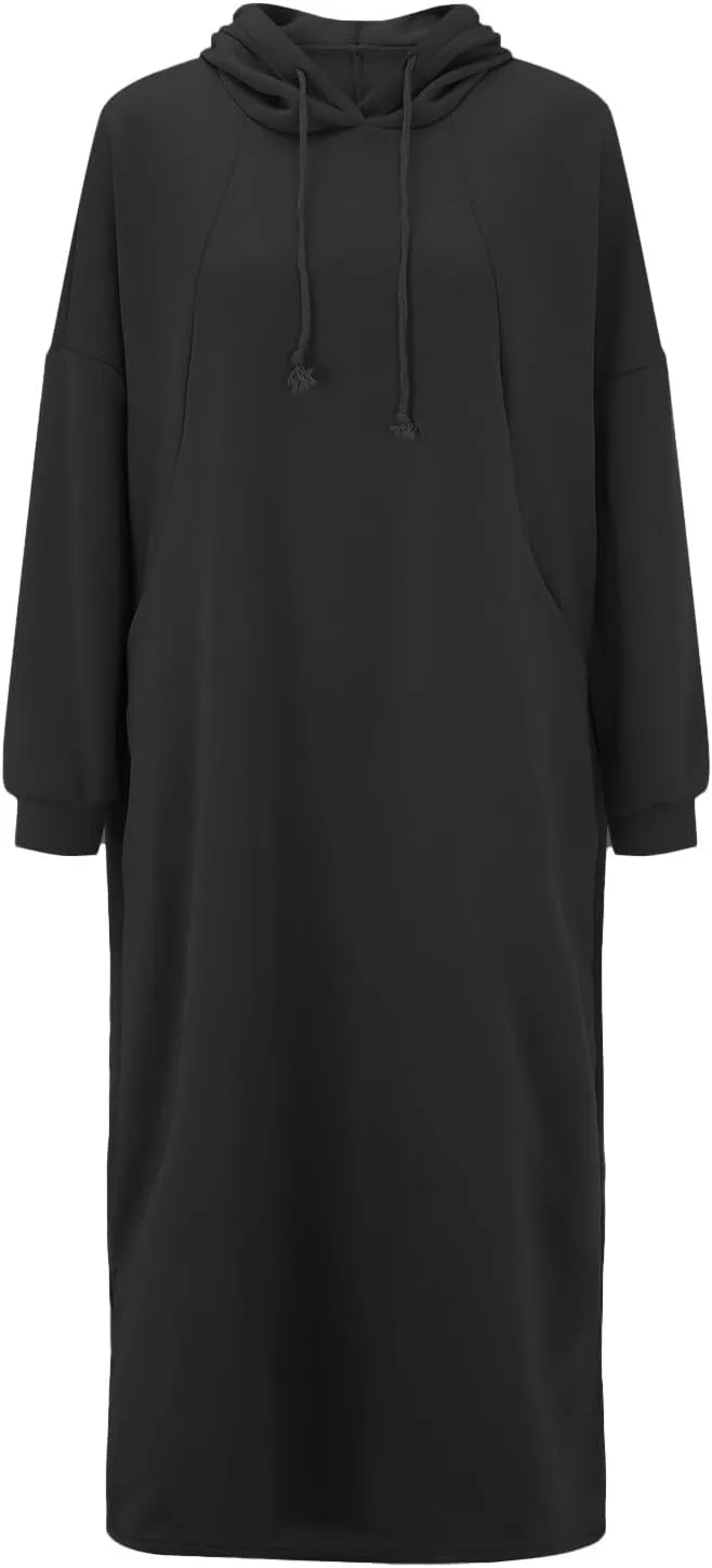 Womens Maxi Long Hoodie Dress Thickening Long Fleece Sweatshirt String Pullover Plus Size Loose Dress with Pocket