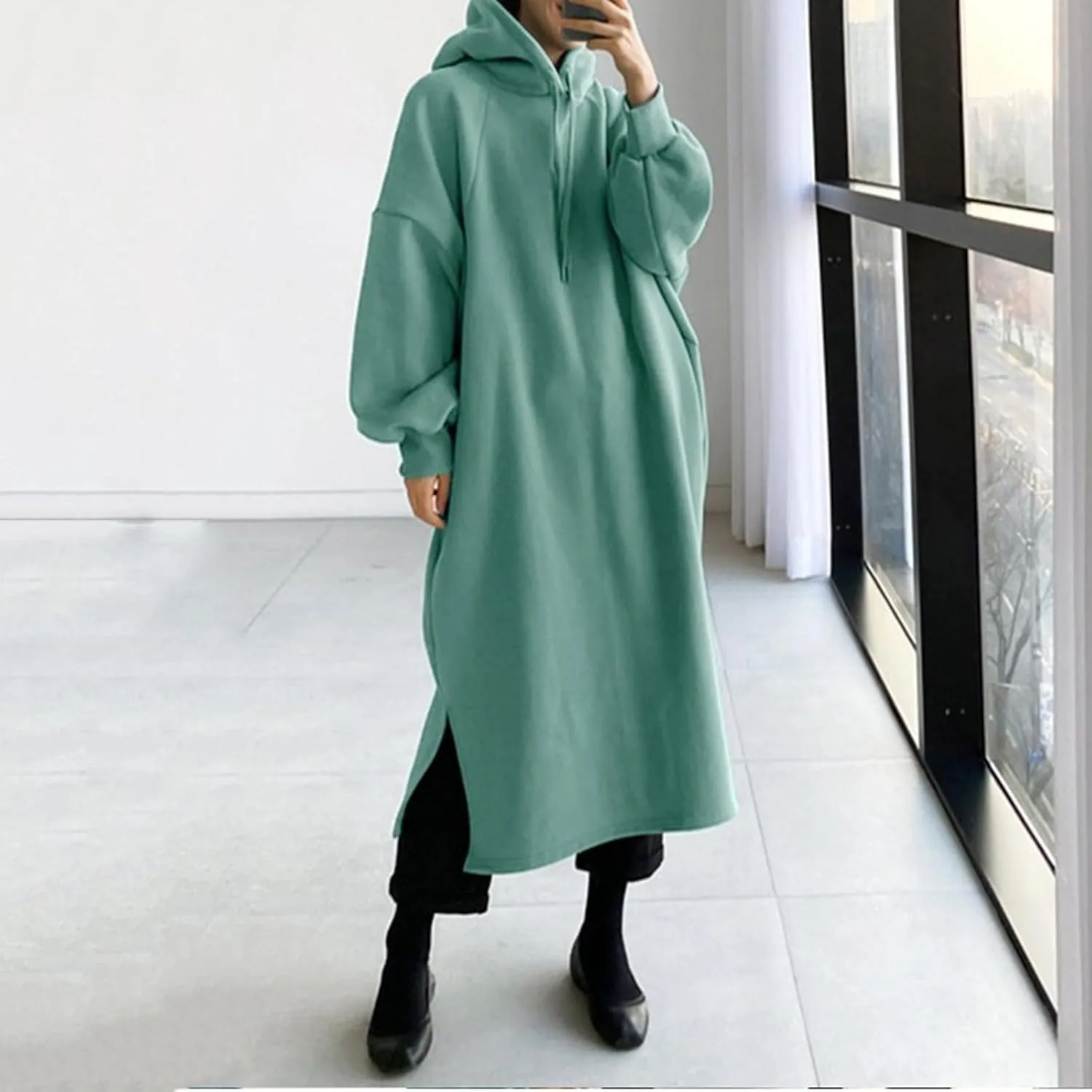 Womens Maxi Long Hoodie Dress Thickening Long Fleece Sweatshirt String Pullover Plus Size Loose Dress with Pocket