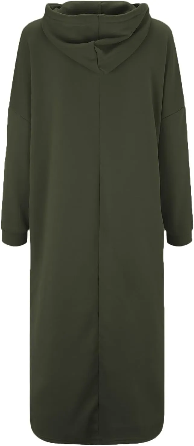 Womens Maxi Long Hoodie Dress Thickening Long Fleece Sweatshirt String Pullover Plus Size Loose Dress with Pocket