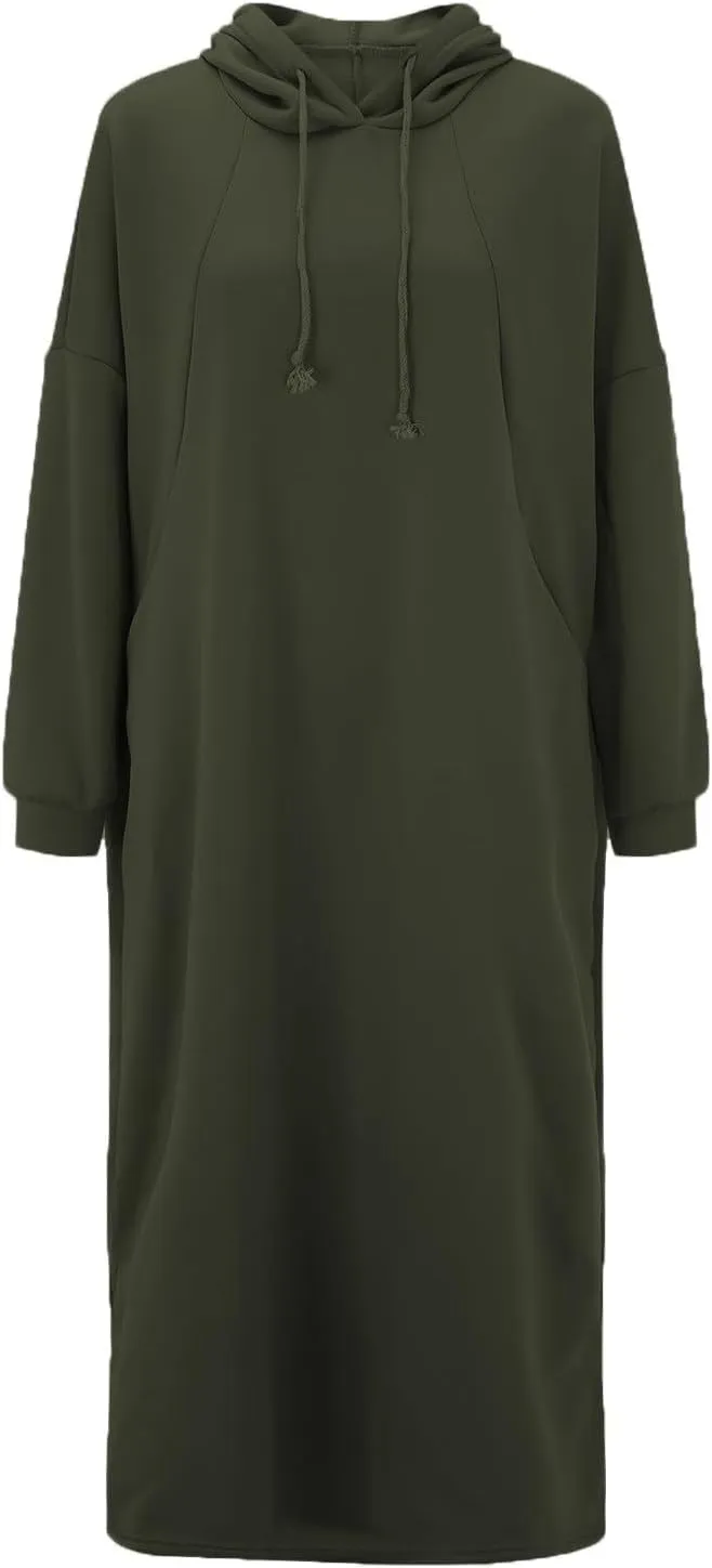 Womens Maxi Long Hoodie Dress Thickening Long Fleece Sweatshirt String Pullover Plus Size Loose Dress with Pocket