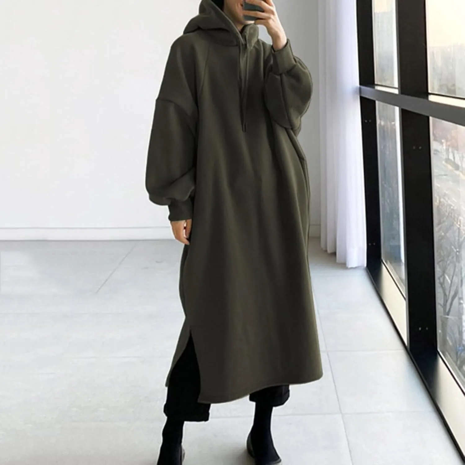 Womens Maxi Long Hoodie Dress Thickening Long Fleece Sweatshirt String Pullover Plus Size Loose Dress with Pocket