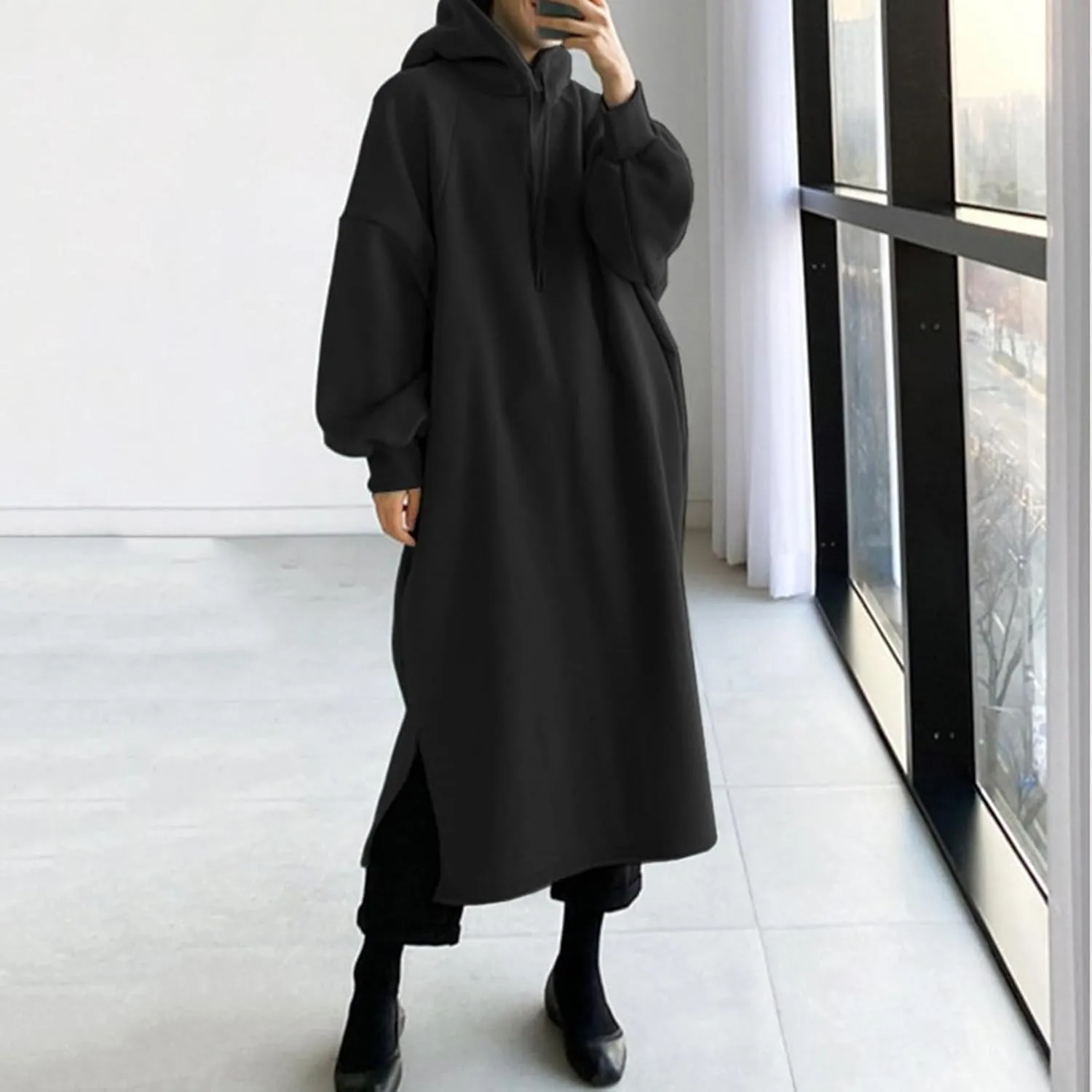 Womens Maxi Long Hoodie Dress Thickening Long Fleece Sweatshirt String Pullover Plus Size Loose Dress with Pocket