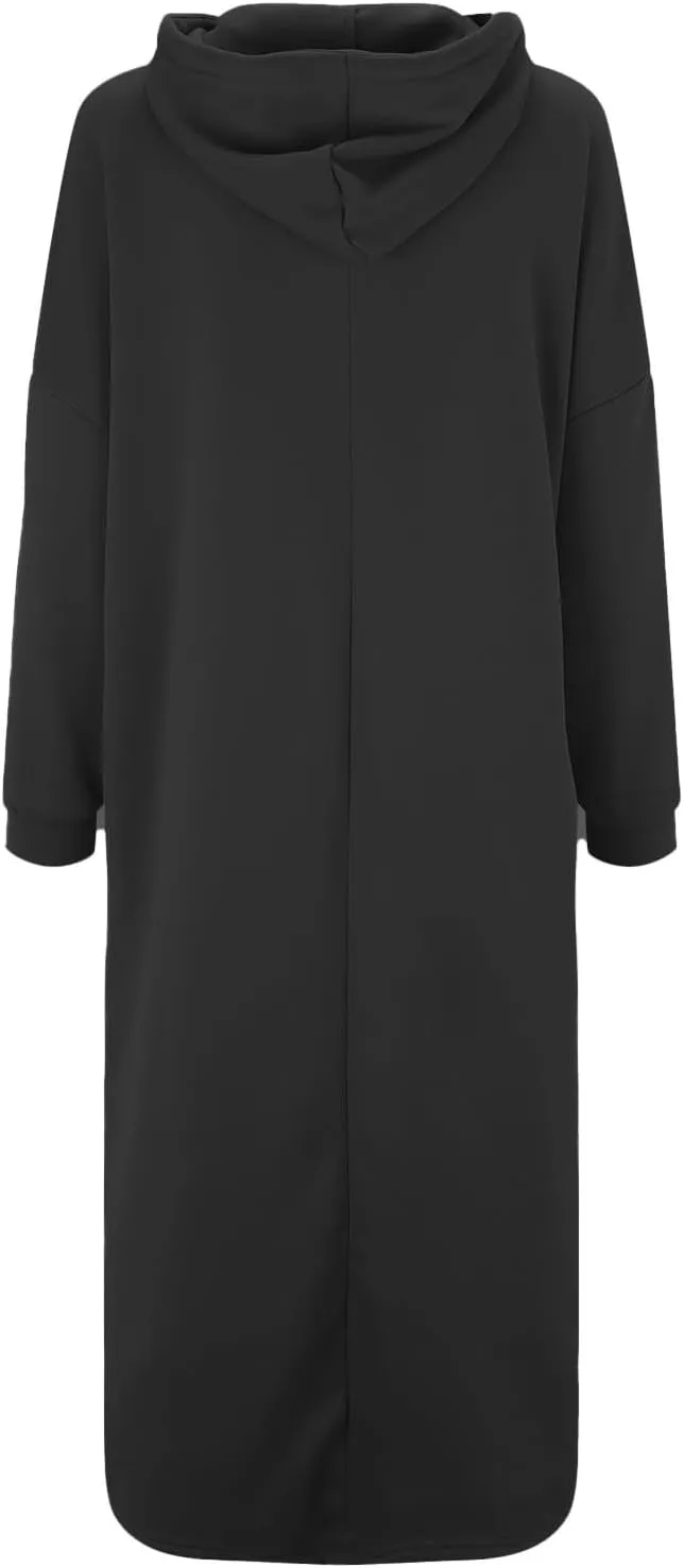 Womens Maxi Long Hoodie Dress Thickening Long Fleece Sweatshirt String Pullover Plus Size Loose Dress with Pocket