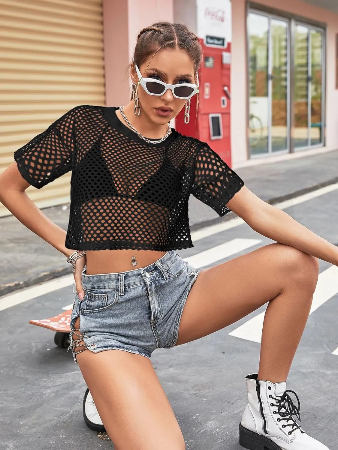Women's Mesh Top Fishnet T Shirts Sheer Loose Short Sleeve See Through Crop Tops
