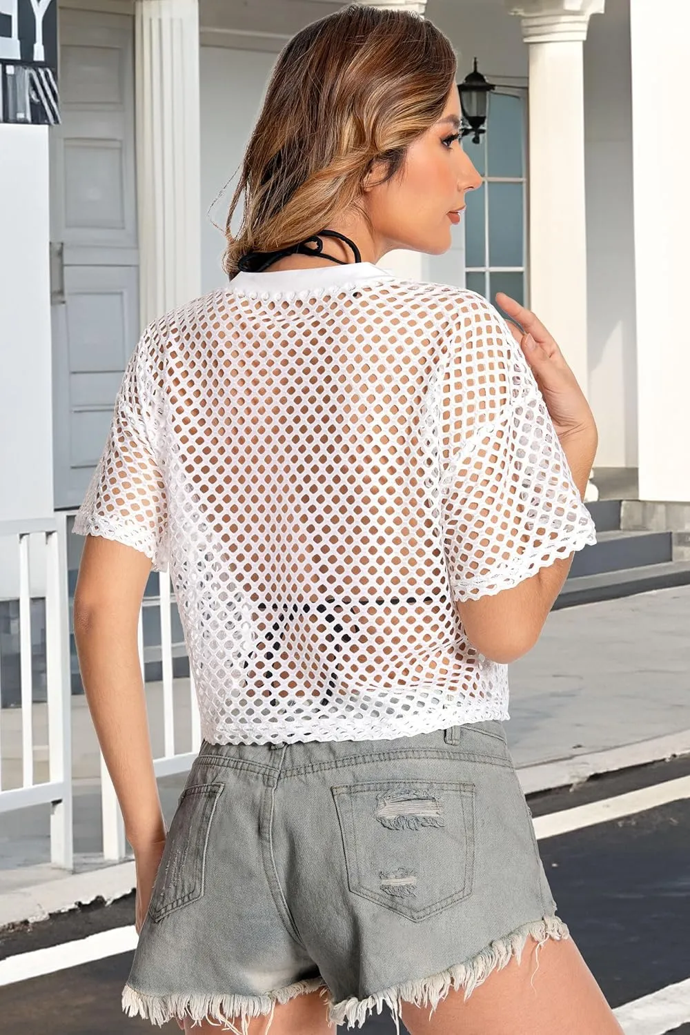 Women's Mesh Top Fishnet T Shirts Sheer Loose Short Sleeve See Through Crop Tops