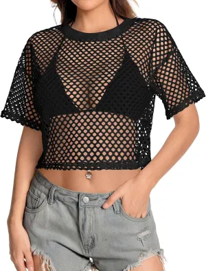 Women's Mesh Top Fishnet T Shirts Sheer Loose Short Sleeve See Through Crop Tops