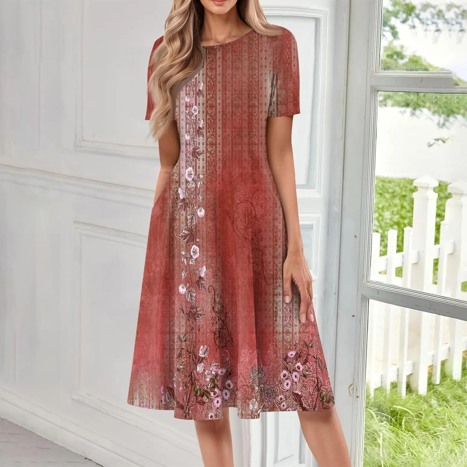 Women's Midi Dresses Summer Casual Loose Trendy Short Sleeve Crew Neck Floral Print Boho Dress 2025 Plus Size, S-3XL