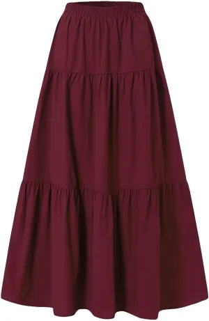 Womens Midi Skirts Elastic Waist Pleated Skirt A Line Flowy Swing Tiered Long Skirt Casual FAL Winter Maxi Skirt