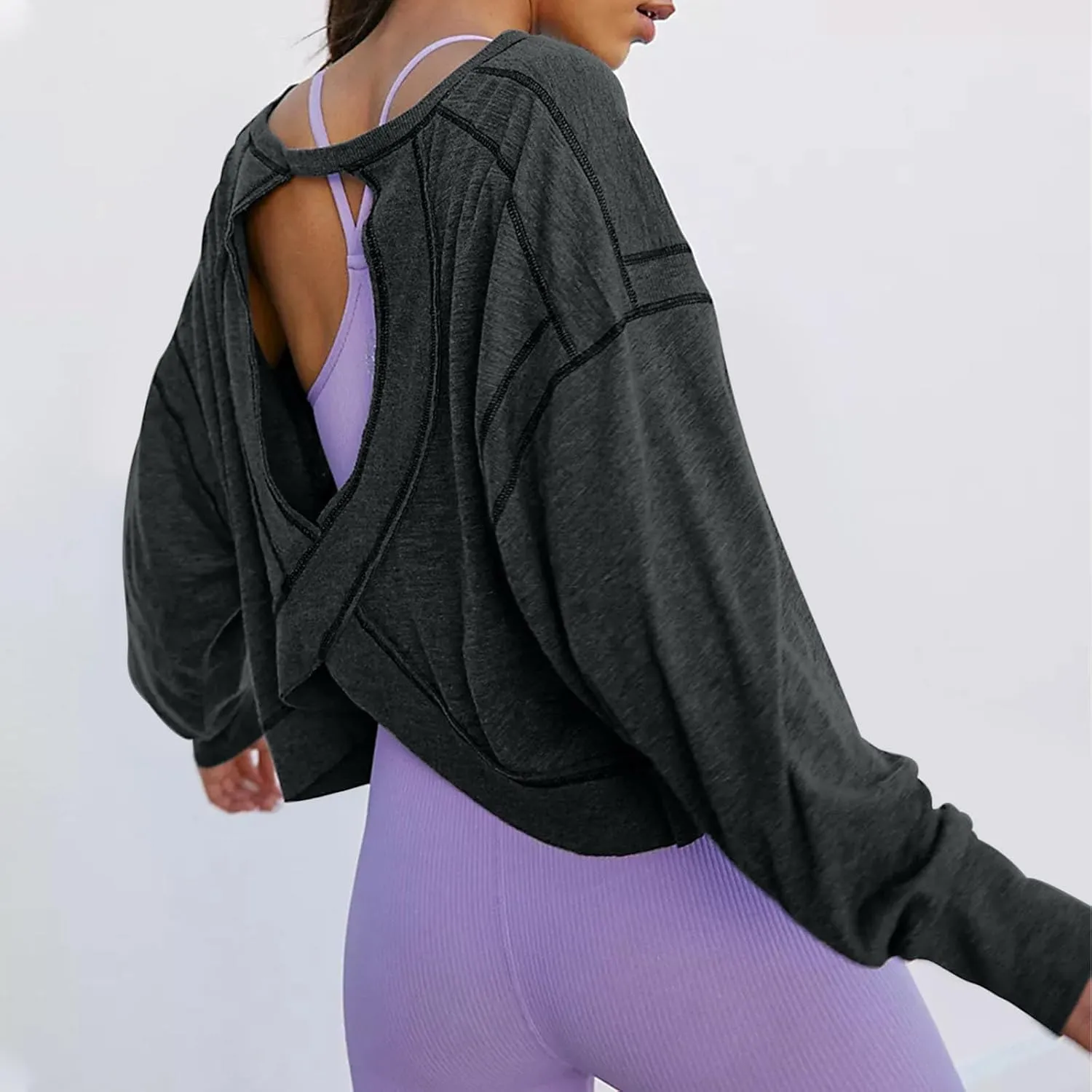 Womens Open Back Workout Tshirts Casual Solid Backless Sweatshirt Trendy Round Neck Pullover Top Loose Crop Gym Tee