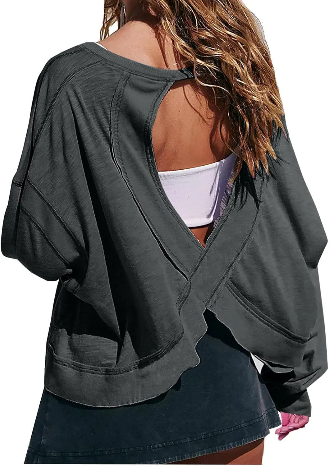 Womens Open Back Workout Tshirts Casual Solid Backless Sweatshirt Trendy Round Neck Pullover Top Loose Crop Gym Tee