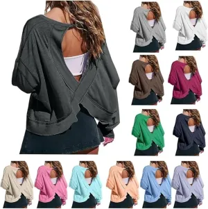 Womens Open Back Workout Tshirts Casual Solid Backless Sweatshirt Trendy Round Neck Pullover Top Loose Crop Gym Tee