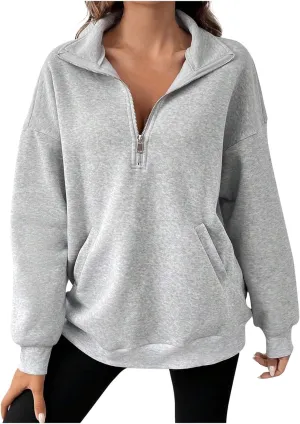Womens Oversized Hoodie Sweatshirts Top Long Sleeve Quarter Zip Fall Tunic Pullover Trendy Teen Girls Preppy Clothes