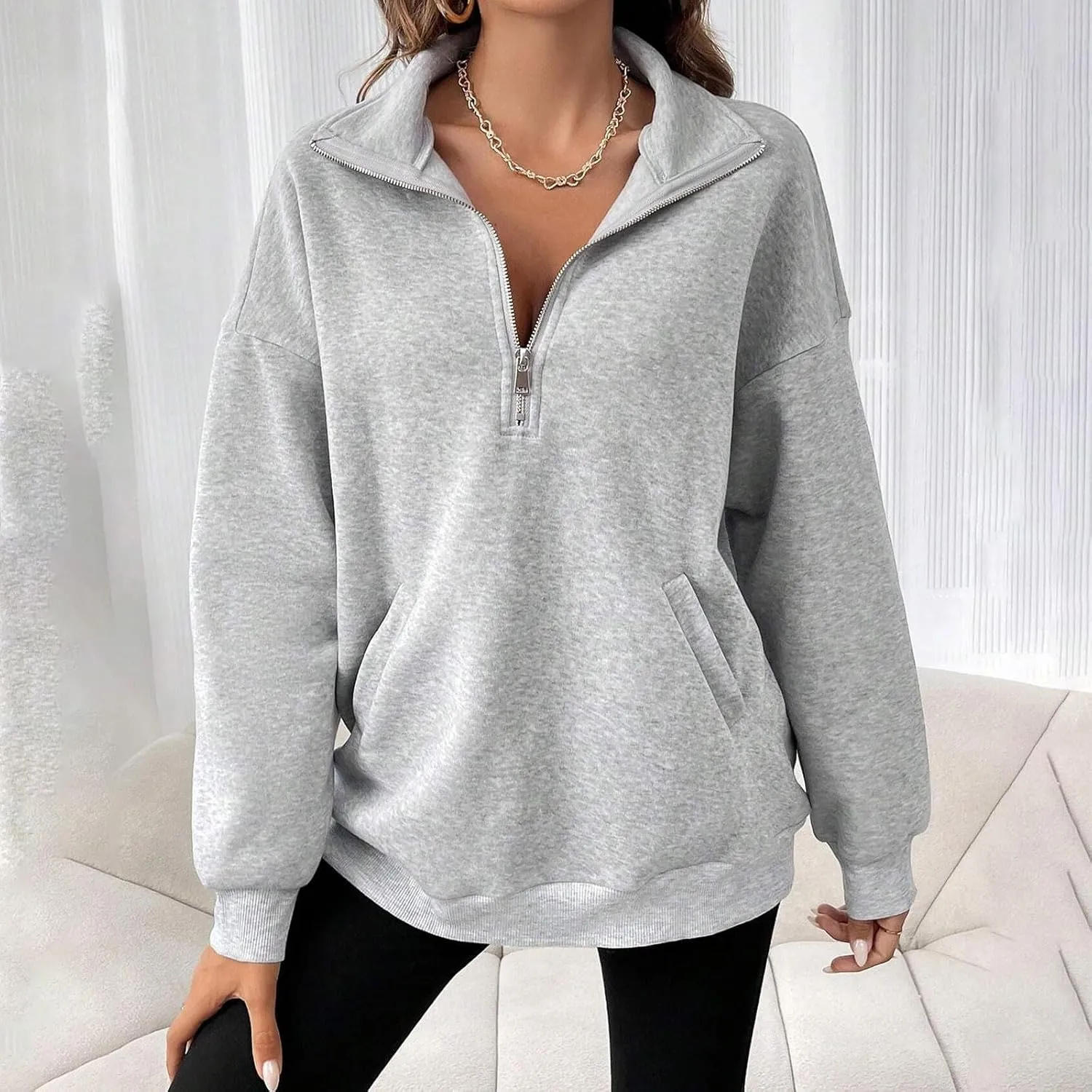Womens Oversized Hoodie Sweatshirts Top Long Sleeve Quarter Zip Fall Tunic Pullover Trendy Teen Girls Preppy Clothes