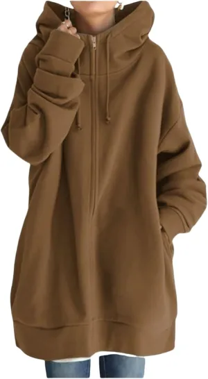 Womens Oversized Long Hoodies Zip Up Jacket Cowl Neck Long Sleeve Sweatshirt Fleece Loose Fit Fall Clothes