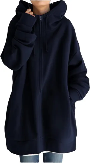 Womens Oversized Long Hoodies Zip Up Jacket Cowl Neck Long Sleeve Sweatshirt Fleece Loose Fit Fall Clothes